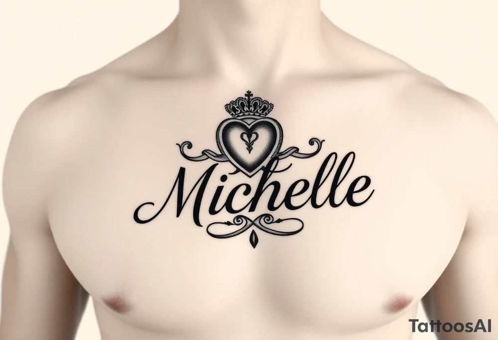 Design a tattoo for a man’s chest of a woman’s name (Michelle). There should be a claddagh and a Celtic knot entertwined. The name Michelle should be in elegant calligraphy. Make it elegant and tasteful. tattoo idea