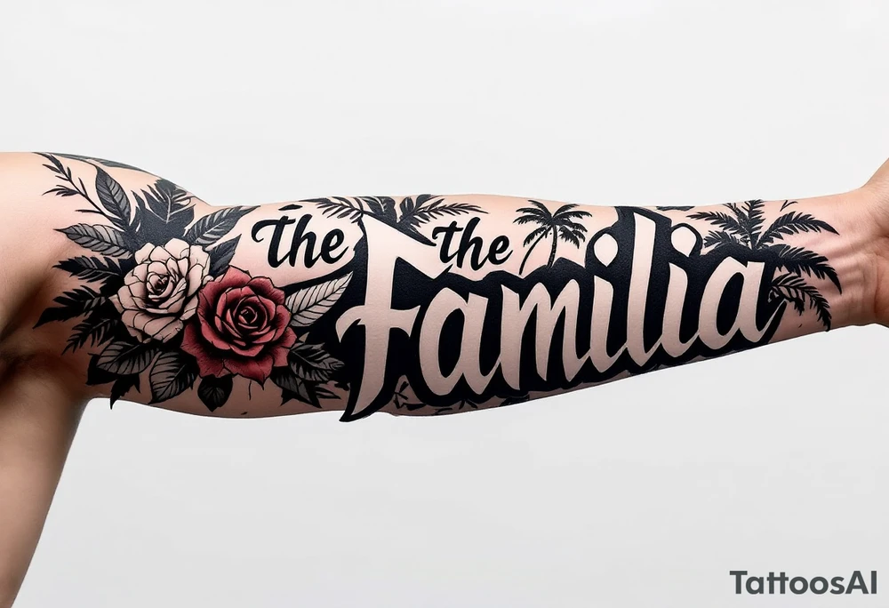 The Familia, with jungle leaves, roses,machete,palm trees tattoo idea