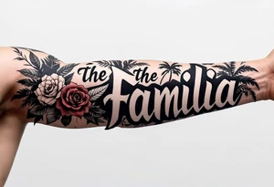 The Familia, with jungle leaves, roses,machete,palm trees tattoo idea