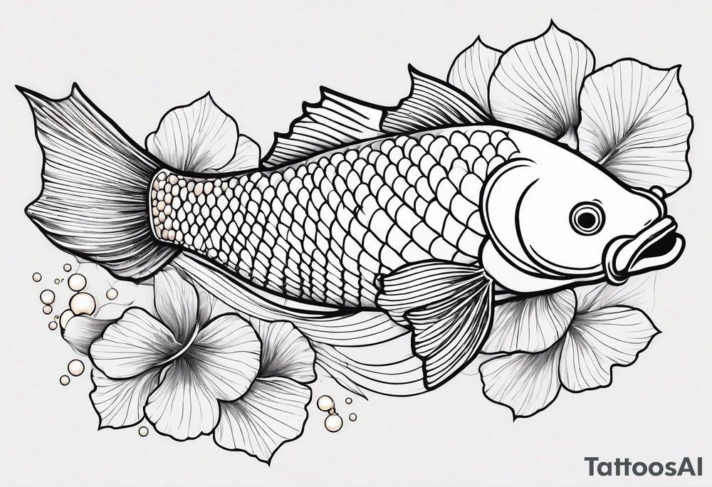 koi fish with a little narrow body, elongated fins, trimmed with pearls, ginkgo leaves around, minimal color, sketch technic, gradient lines theme tattoo idea