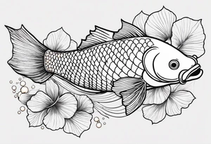 koi fish with a little narrow body, elongated fins, trimmed with pearls, ginkgo leaves around, minimal color, sketch technic, gradient lines theme tattoo idea