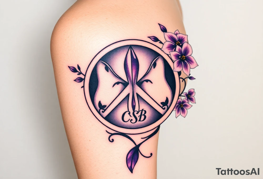 peace symbol with dog prints and purple inside, Pisces symbol, intertwined with violets, amethyst, initials csb in cursive font tattoo idea