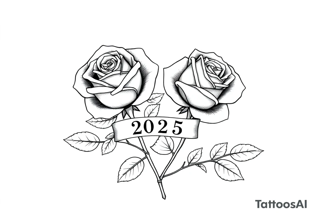 two beautiful large rose buds, one larger than the other, with many leaves next to the rose buds, with one sitting higher than the other. Include a banner connecting the two roses with the year "2025" on it.   Use dark outlines with little shading. The two stems should be short, not long, and connect and join into one stem, whimsically curved or twisted - not straight down. tattoo idea