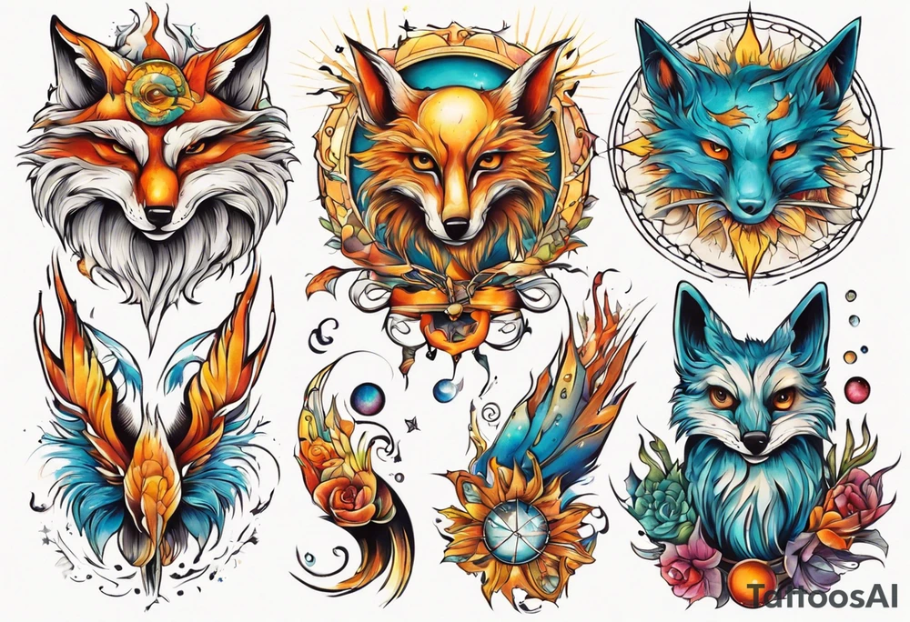 fisch, fuchs und eule , symetrie  sonne, universum, bunt tattoo idea