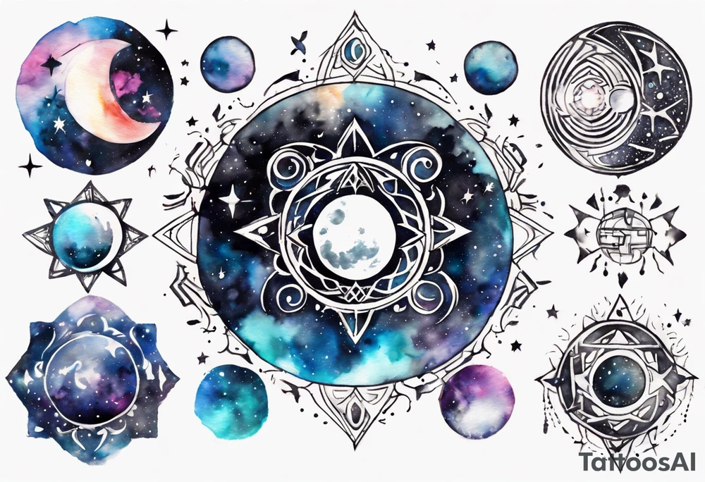 Shoulder to shoulder, moon phase,  across chest, Tribal Tattoo design that depicts with tribal patterns, Cancer symbol, geometric swirls, mesmerizing blend of vibrant watercolor splatter, stars, and galaxies, dreamy and otherworldly effect, solar system,astronomy tattoo idea
