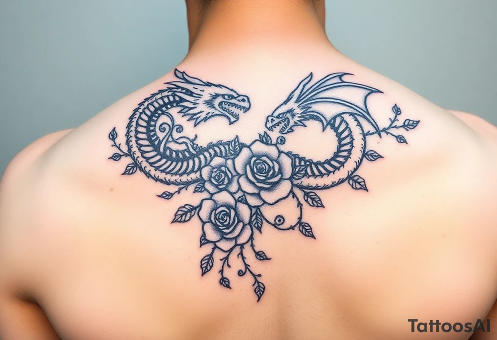 Dragons with roses and vines tattoo idea