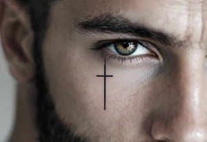 A deep black cross on man face under a man’s right eye, in simple linework, next to the word "Void" on the other side in minimal, spaced-out letters. tattoo idea