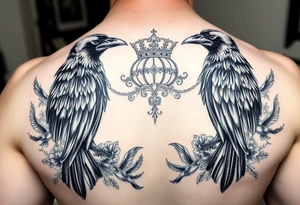powerful majestic ravens with a crown, surrounded by floral ornaments and birds tattoo idea