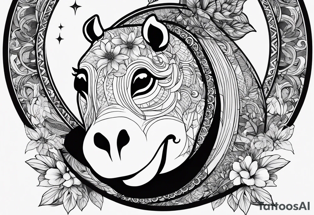 Very asymmetrical, +geometric pattern, with realistic full moon, with hippo head looking back ,
with wintersweet flower bud, +portrait orientation, +inkart touch, tattoo idea