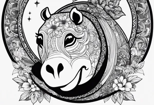 Very asymmetrical, +geometric pattern, with realistic full moon, with hippo head looking back ,
with wintersweet flower bud, +portrait orientation, +inkart touch, tattoo idea