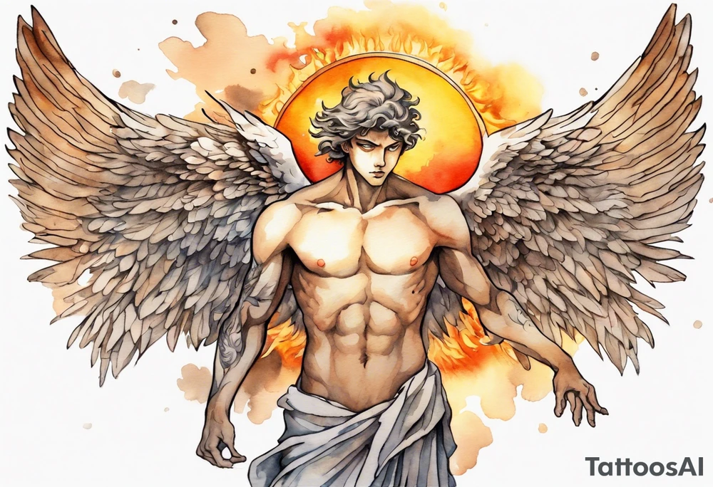 a solitary bronze skinned male angel with glowing eyes in front of a blazing sun tattoo idea