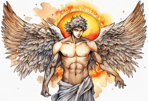 a solitary bronze skinned male angel with glowing eyes in front of a blazing sun tattoo idea