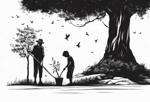 Old man planting a tree. Alongside a young boy playing under a full grown tree. tattoo idea