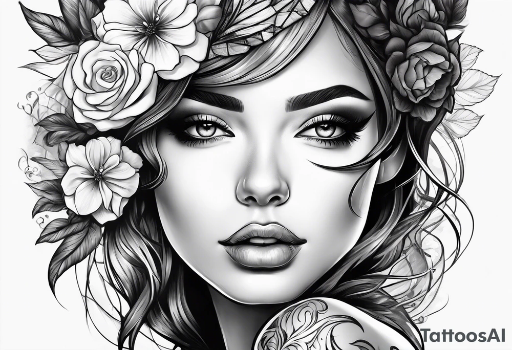 Half faced woman with flowers tattoo idea
