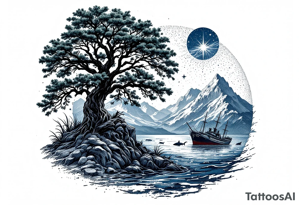 tattoo that has an acacia tree with forest mountains, ocean with a ship wreck with sharks and the bright northern star tattoo idea