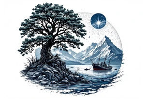 tattoo that has an acacia tree with forest mountains, ocean with a ship wreck with sharks and the bright northern star tattoo idea