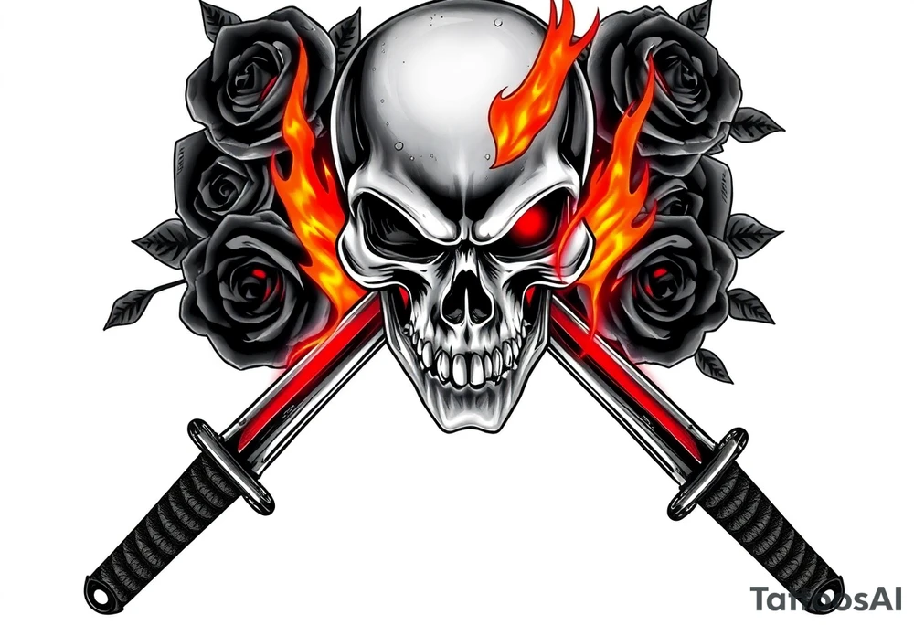 A skull burning intensely, katanas crossed, surrounded by dark roses. tattoo idea