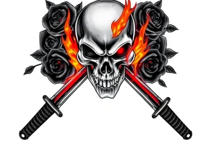 A skull burning intensely, katanas crossed, surrounded by dark roses. tattoo idea