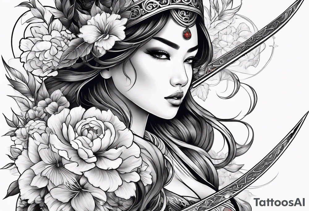 ornate beautiful woman warrior with weapon & floral surrounding tattoo tattoo idea