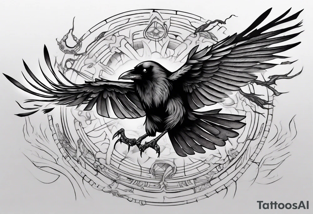 raven flying toward foreground tattoo idea