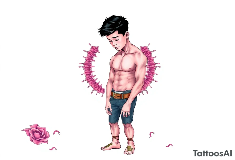 Handsome Asian young guy is standing on his knees and looking down tattoo idea