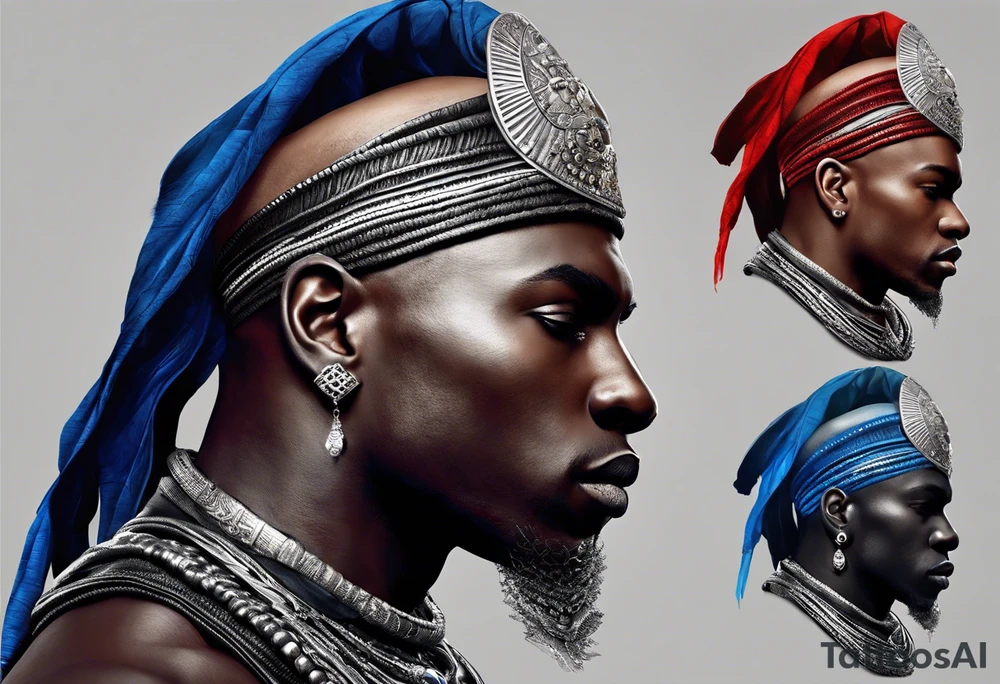 Black-skinned bald african warrior. He wears  a small silver crown. He wears two simple necklaces: one blue, other red. tattoo idea