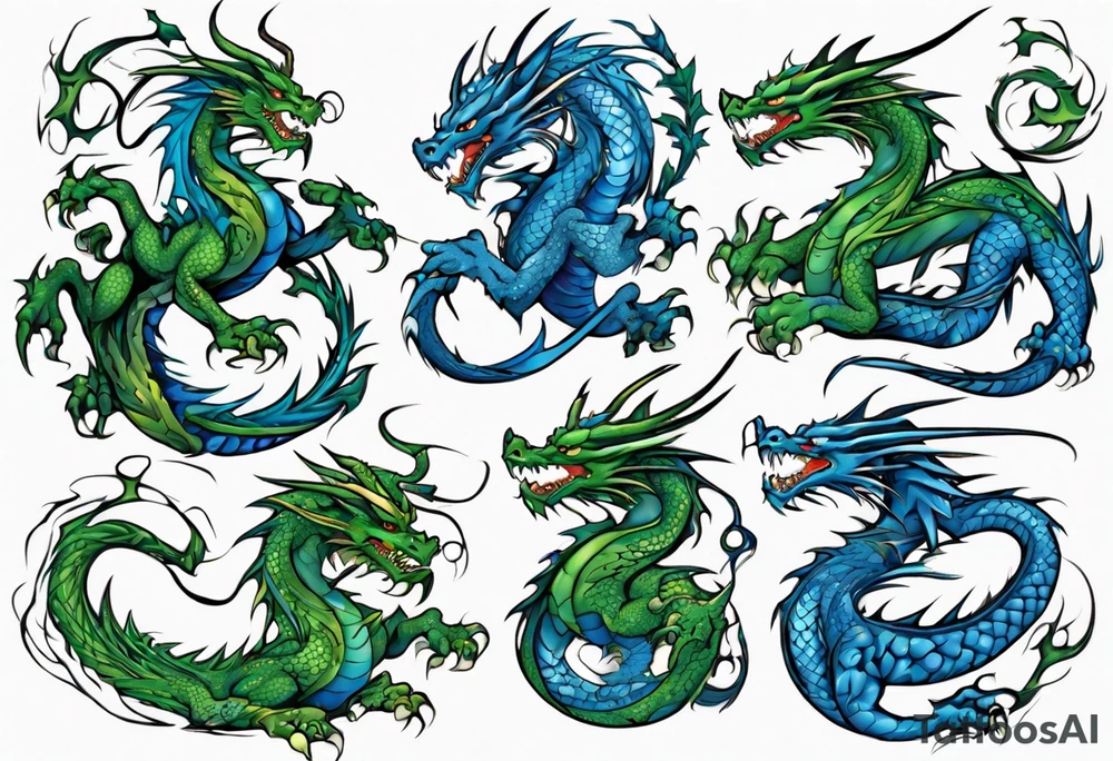blue dragon tangled with a green dragon tattoo idea