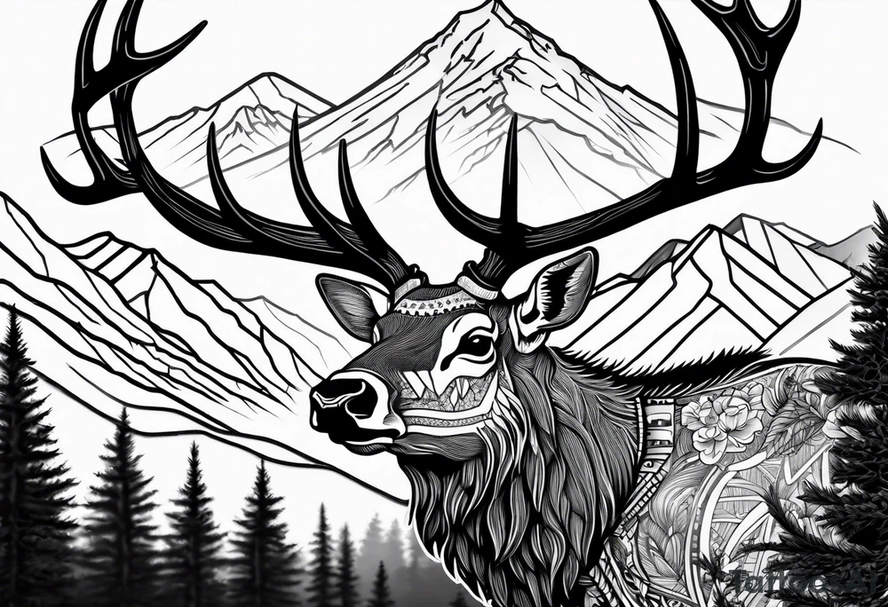 elk skull with mountains and trees tattoo idea elk skull with mountains and trees tattoo idea