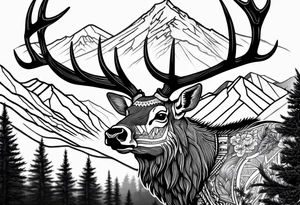 elk skull with mountains and trees tattoo idea