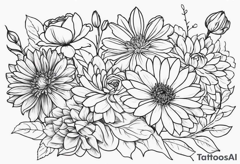 Asters, roses, lillies, and chrysanthemums in a long line tattoo idea