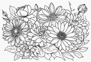 Asters, roses, lillies, and chrysanthemums in a long line tattoo idea