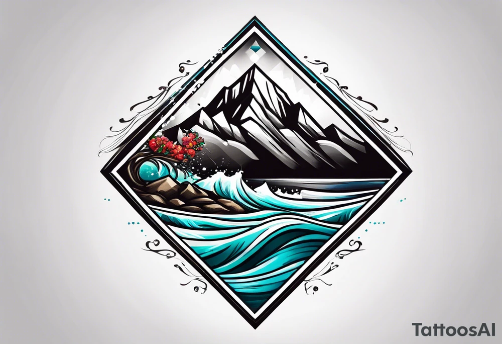 Mountains and ocean waves  crashing diamond shape tattoo idea