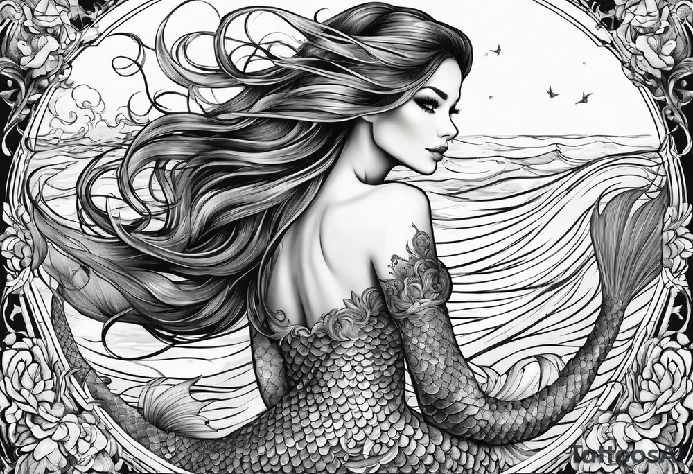 sexy full bodied mermaid with flowing tail and hair, tattoo sleeve tattoo idea