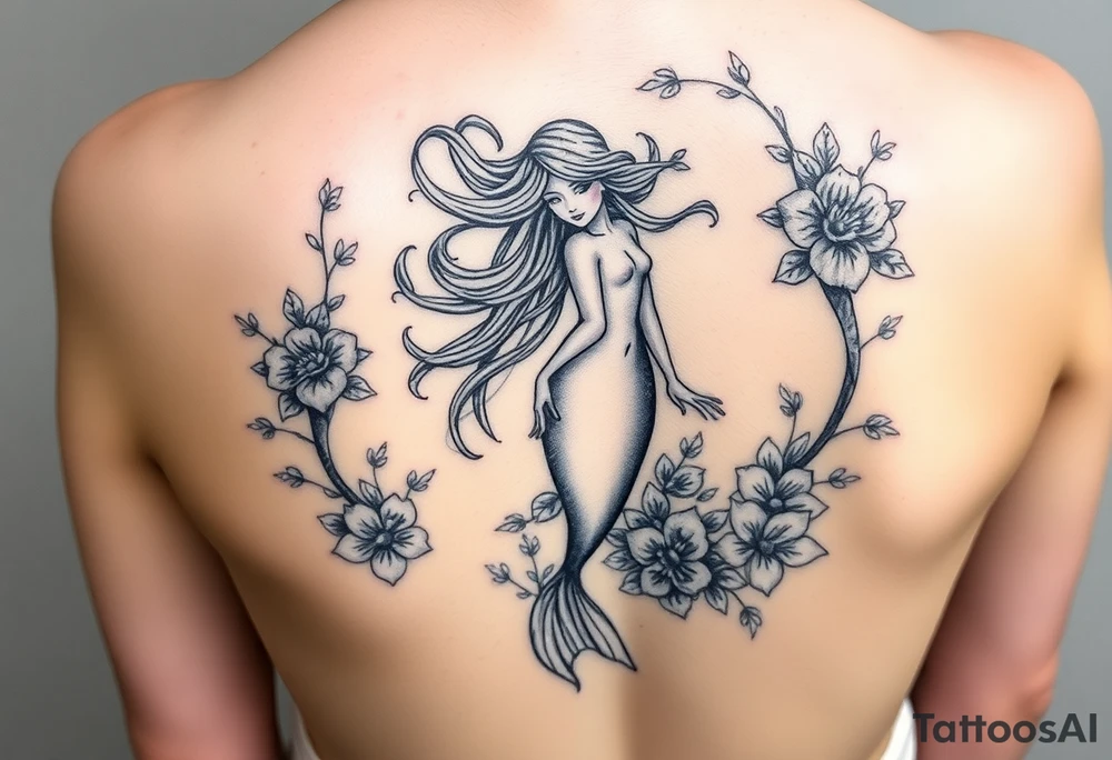ethereal mermaid with flowing hair among coral and sea flowers and snakes around tattoo idea