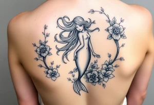 ethereal mermaid with flowing hair among coral and sea flowers and snakes around tattoo idea