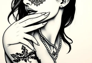 Black and white profile of woman with chin pressed on hand, lace covering  her eyes while biting on pearl necklace tattoo idea