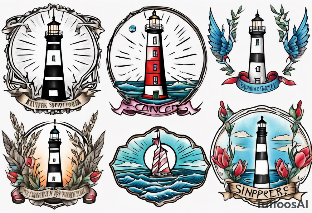 tattoo of a light house shining its light on a cancer support ribbon tattoo idea
