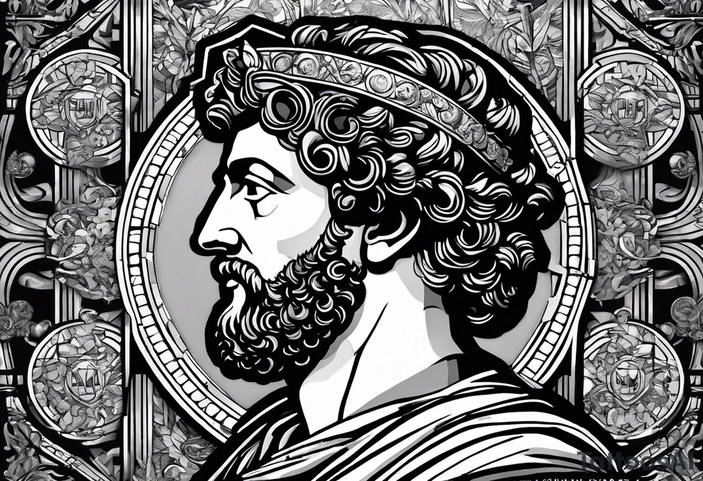 The Face of marcus aurelius with the lower left half missing. He is looking slightly away at 25 degrees. Geometric symbols framing the background tattoo idea