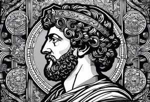 The Face of marcus aurelius with the lower left half missing. He is looking slightly away at 25 degrees. Geometric symbols framing the background tattoo idea