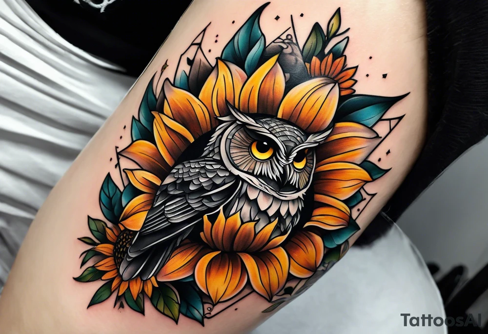 Sunflower forearm tattoo with owl, and light house tattoo idea