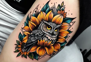 Sunflower forearm tattoo with owl, and light house tattoo idea