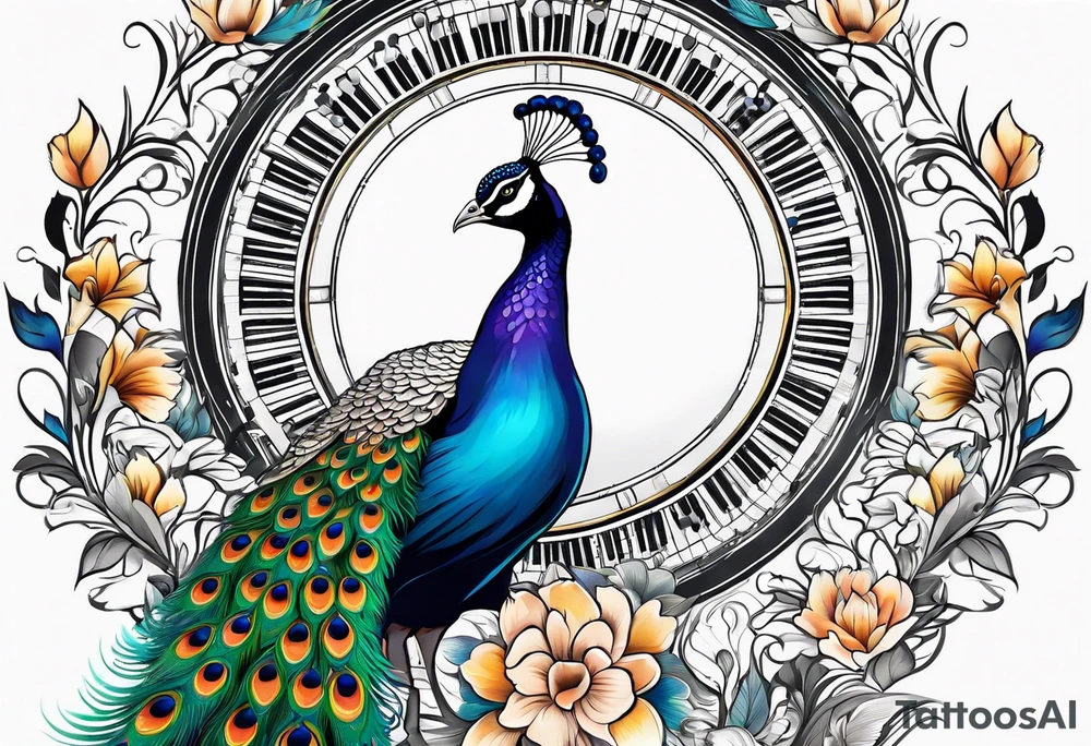 Peacock surrounded by music tattoo idea