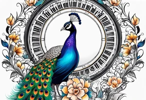 Peacock surrounded by music tattoo idea