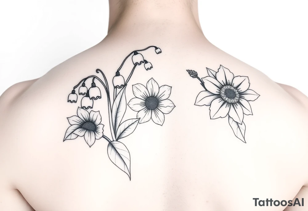 small lily of the valley, marigold, and chrysanthemum tattoo idea