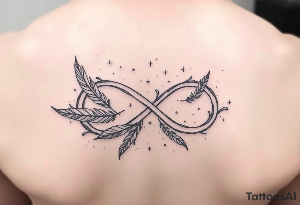 A sketch of the infinity symbol woven with floating feathers and stardust tattoo idea