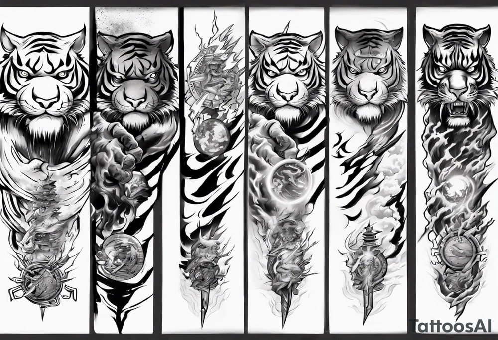 tiger warrior with lightning and the sun for a forearm sleeve tattoo idea