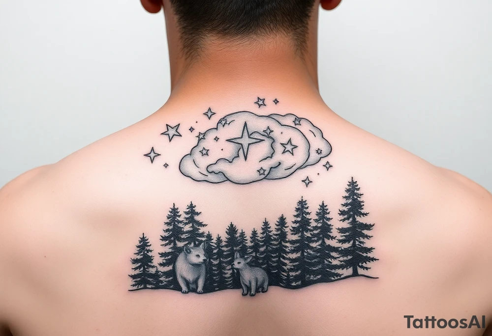 stars in the cloud with a stormy view with a forrest with animals tattoo idea