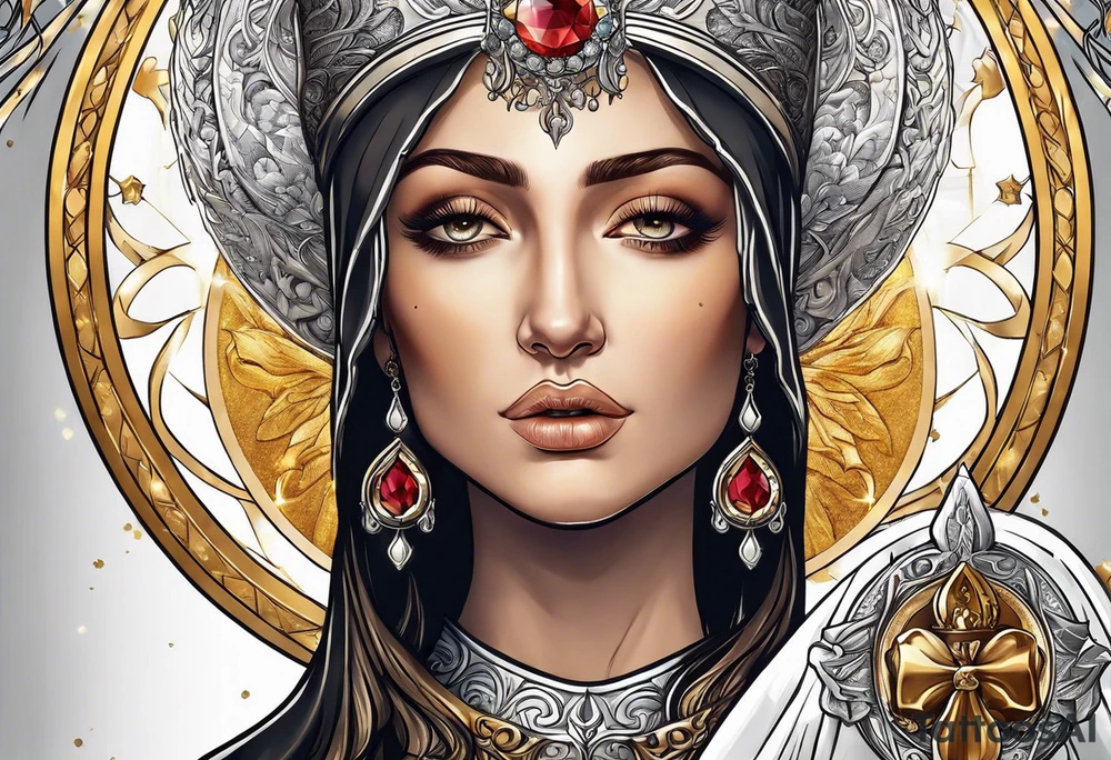woman saint holding chalice surrounded by golden halo portrait tattoo idea