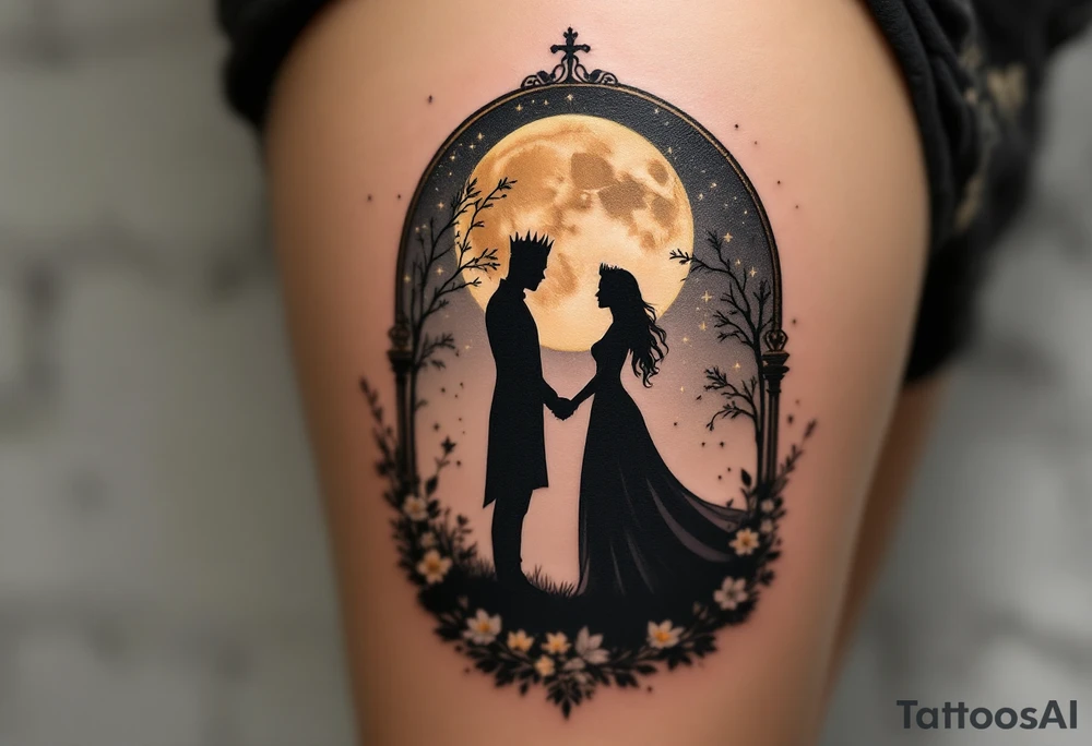 A silhouette of a king and queen holding hands under a black and gold moonlit sky. tattoo idea