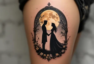 A silhouette of a king and queen holding hands under a black and gold moonlit sky. tattoo idea